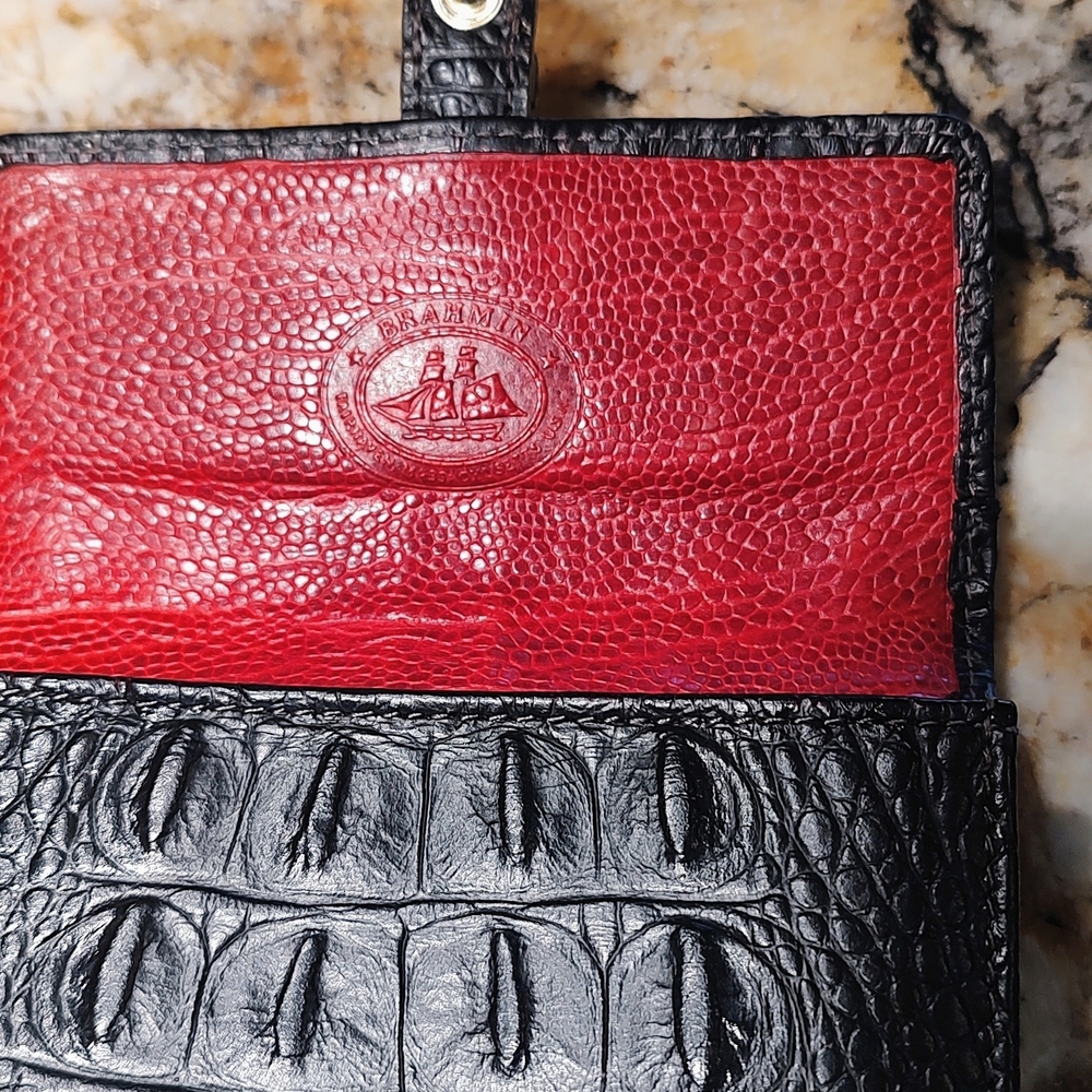 Brahmin Black and Red Croc-Embossed Leather Wallet with Buckle. Pre-owned - Picture 3 of 13